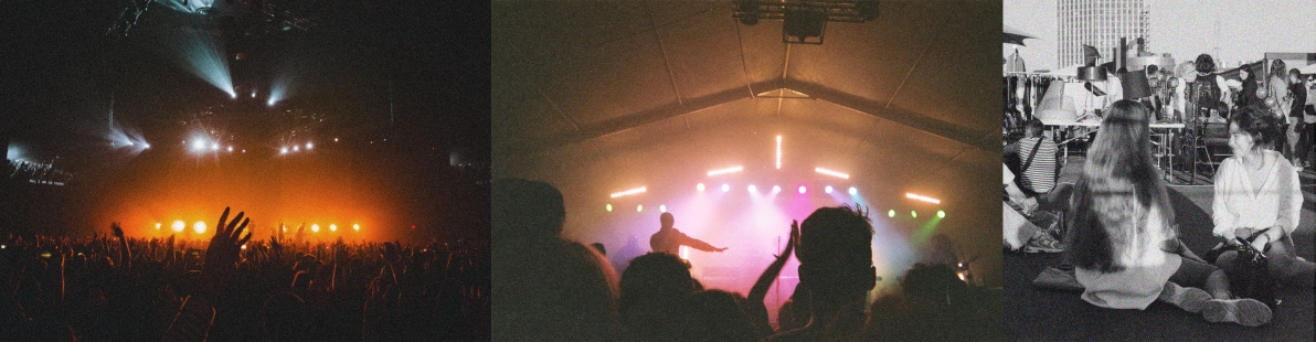 Zdjęcie pokazujące osoby tańczące w oświetlonej światłami scenicznymi hali
